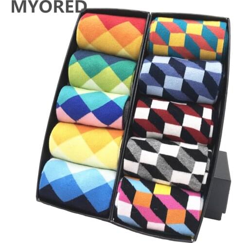MYORED mens colorful casual dress socks combed cotton striped plaid geometric lattice pattern fashion design high quality