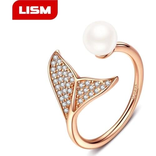 Authentic 925 Sterling Silver Rose Golden Adjustable Dolphin Tail Blue CZ Finger Rings for Women Sterling Silver Jewelry