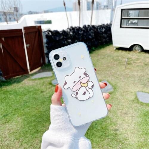 Kawaii Cow Cat Clear Phone Case For iPhone 11 12 Pro Max Mini XR X XS Max 78 SE2020 Soft TPU Cartoon Cute Back Cover Accessories