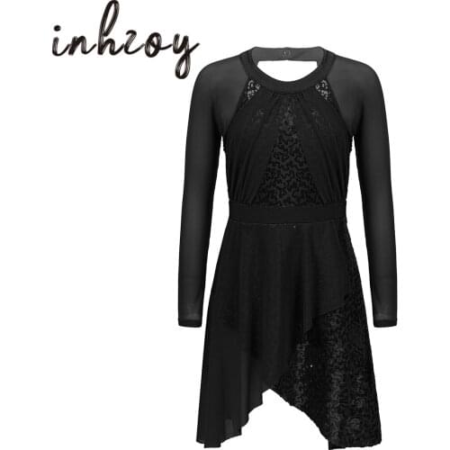 Girls Sequins Ballet Dance Leotard Dress Kids Long Sleeve Irrrgular Cut Tulle Dress Lyrical Dance Costumes Figure Skating Dress