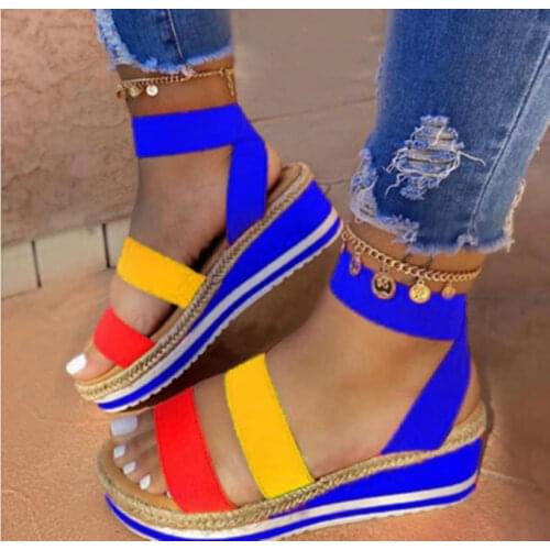 Large Size Wedge Womens Sandals Women Platform Sandals Ladies Hemp Shoes Candy Color Fashion Slip on Strap Cross Casual Sandals