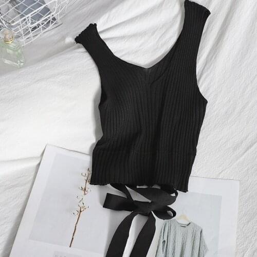 Heliar Women Sexy Tops For Summer Ribbed Bandage Camis Female Solid Slim-fit Cute Bow Vest Deep V Neck Crop Tops Summer