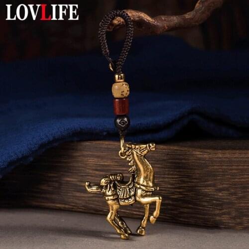 Vintage Copper Animal Horse Fly Keychain Hangings Trinkets Handmade Braied Rope with Bodhi Beads Lucky Car Key Chains Pendants