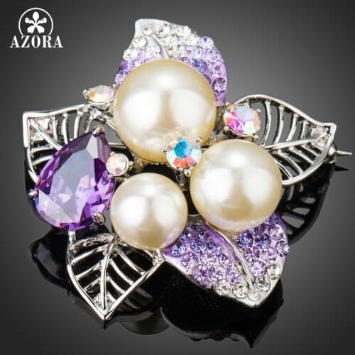 AZORA New Luxury White Gold Color Big Purple Cubic Zirconia With Simulated Pearl Flower Brooch Pins for Women Leaf Brooch TP0075