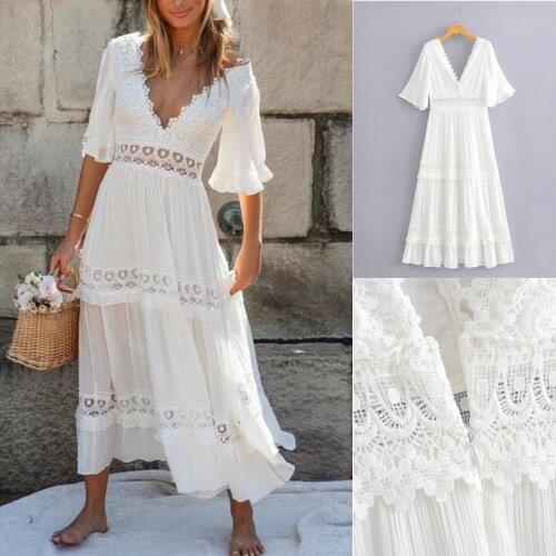 Fairy Lady Dresses Fashion Womens Bohemian Two way V-Neck Solid White Floral Lace Crochet Long Dresses Ladies Beach Dress