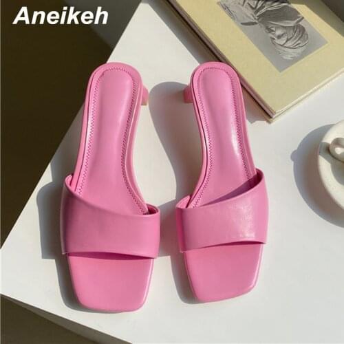 Aneikeh New Summer Women Shoes Square Toe Slides Rubber PU Solid Outside 5CM Thin Heels Adult Shallow Beach Slippers Size 35-42
