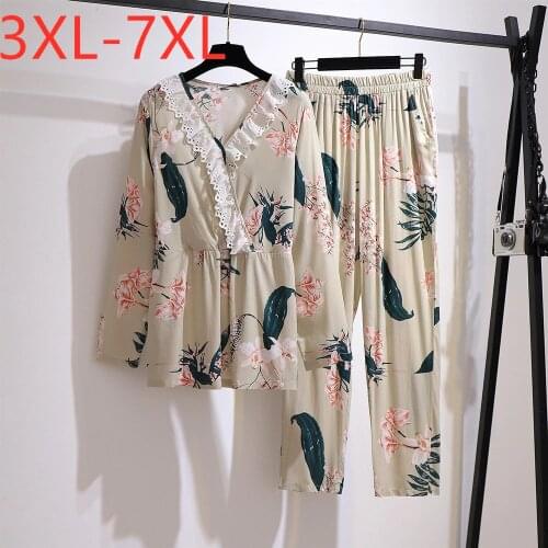 New spring autumn plus size pajamas sets for women large loose floral print cotton long sleeve home wear suits 4XL 5XL 6XL 7XL
