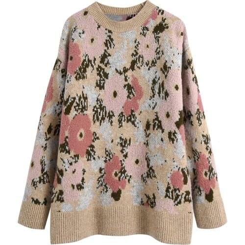 2021 Women floral oversize jacquard knit sweater Fashion Pullovers Ladies Winter Loose Sweater Korean College Style Women Jumper