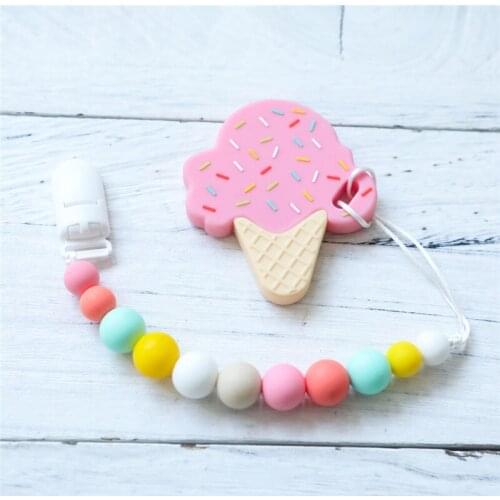 1PC Handmade Pacifier Clip Holder Chain 60g Customizable Logo Silicone Beads Ice cream shape Teether Toys Nipple Holder 2020 New
