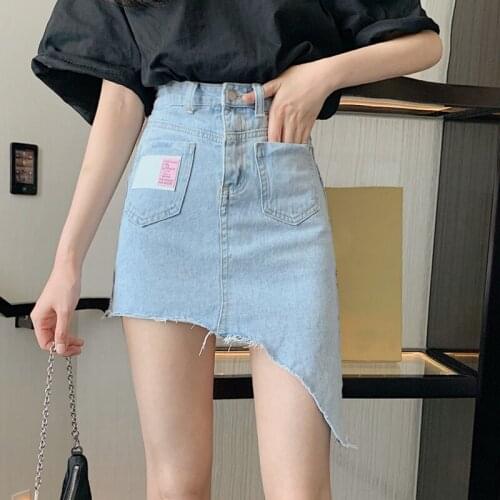 2021 high waist denim skirt Summer Hong Kong style retro design irregular denim skirt girl high waist slim short skirt