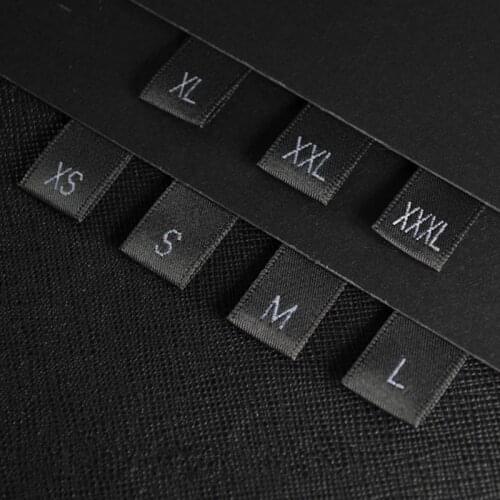 500pcs Black Satin Size Label Tags Black Text with Cut and Folded XS-XXXL Soft satin Clothing Tags Black Embroidered Care Labels