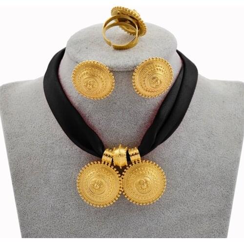 Anniyo DIY Rope Chain Ethiopian Jewelry Set Gold Color Eritrea Ethnic Style Habesha Pendant Earrings Ring #217106