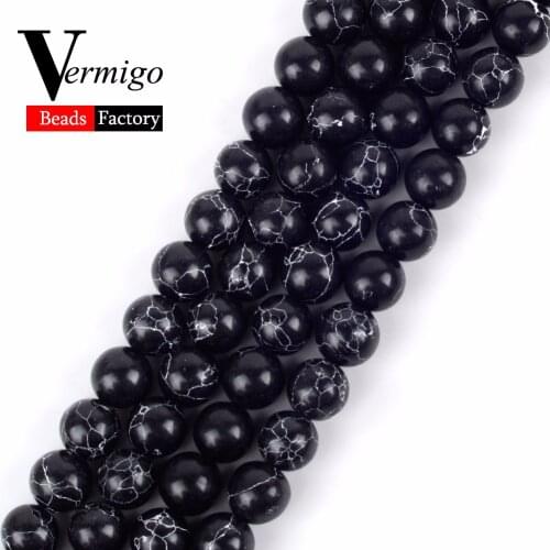 4 6 8 10 12mm Black Turquoises Cracked Minerals Stone Beads For Jewelry Making Diy Bracelet Necklace 15"Strand