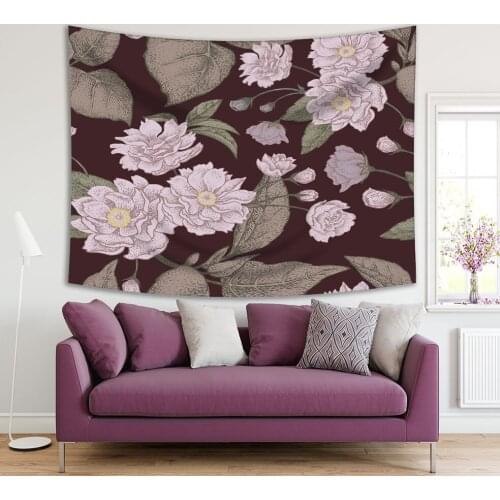 Tapestry Floral Pattern with Leaves Flowers and Branches on Burgundy Background Vintage Artwork Lilac Green