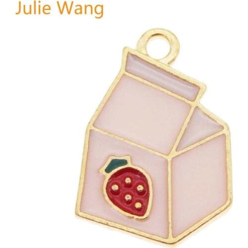Julie Wang 10pcs Enamel Pink Strawberry Milk Carton Charms Alloy Gold Tone Pendant Necklace Bracelet Jewelry Making Accessory