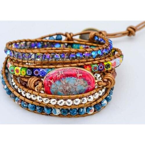 Square Coloured Glaze Bracelet Natural Emperor Stone 5-strand Wrap Bracelet Handmade Bohemian Bracelet