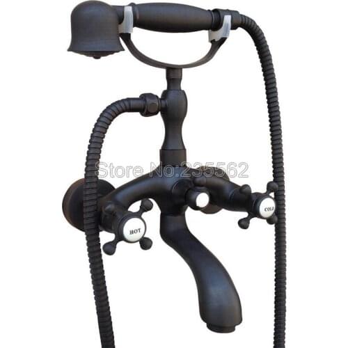 Black Oil Rubbed Brass Wall Mounted Bathroom Shower Bathtub Faucet Set Dual Handle Mixer Tap + Handheld Spray Shower ltf565