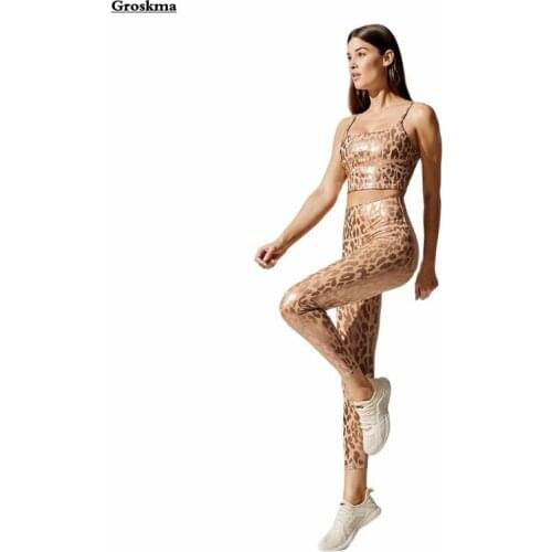 INS Hot Sale Women Yoga Set Leopard Gold Printed Bra+High Waist Pants Fitness Gym 2 Piece Suits Running Sportswear Clothing