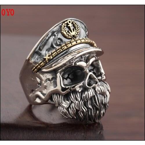 S925 sterling silver antique style personality skull mens adjustable size ring