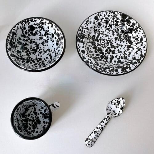 4pcs set Art Black Ink Marble pattern Breakfast Check Heart Salad Flat Picnic Plate dish bowl spoon