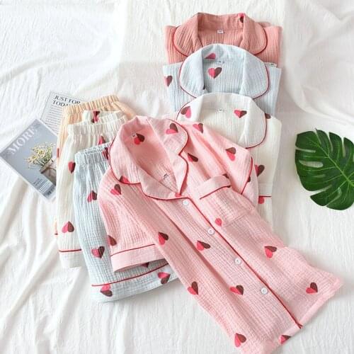 Womens cotton short-sleeved shorts pajamas two-piece loungewear cotton crepe loose large size comfortable home wear set sleep