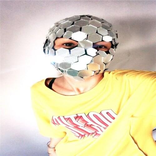 Q08 Ballroom dance stage costume silver mirror mask dj wears mirror headwear disco cosplay mirror headdress bar outfit club show