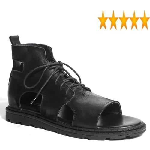 Gladiator Flats Men Ankle Genuine Leather Lace Up Rome Style Punk Summer Beach Sandals Breathable Outdoor Casual Shoes
