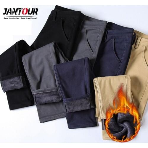 Jantour Mens winter Fleece Fluff Thicken warm Casual Pants men Business Straight Elastic Thick Khaki 98% cotton trousers male