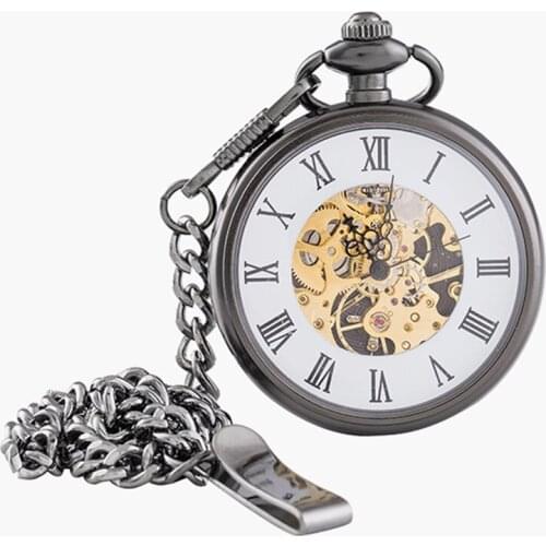 Vintage Charm Matte Black Unisex Retro Roman Number Mechanical Steampunk Pocket Watch Women Man Necklace Pendant with Chain