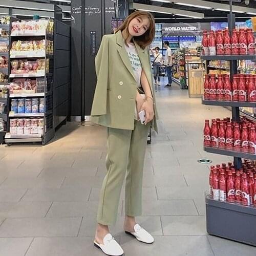 2020 New Women Korean Elegant Long Sleeve Office Ladies Blazer Suits Female Fashion Casual Double-breasted Two Pieces Sets D42