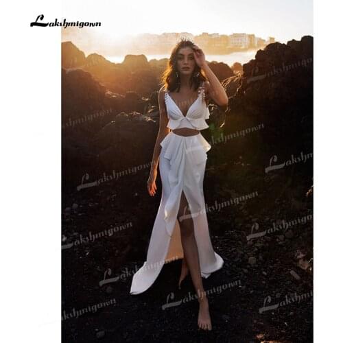 Simple Tow Piece Soft Satin Sheath Wedding Dresses V-Neck Sleeveless Open Back Ruffles Ruched Sweep/ Brush Trash Bride Gowns