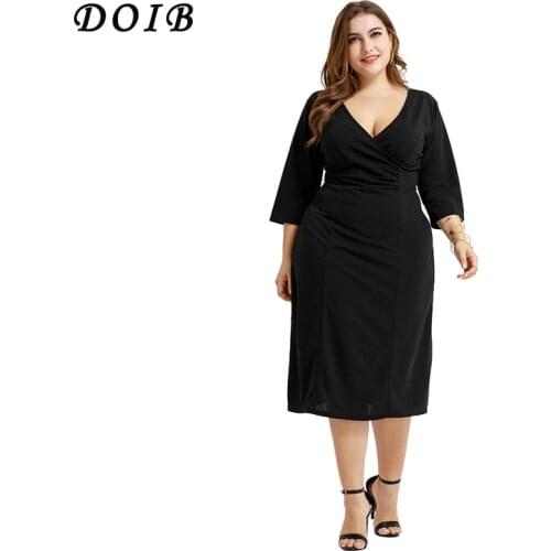 DOIB Black V Neck Plus Size Dress Office Lady Elegent Bodycon Party Dress XL XXL XXXL