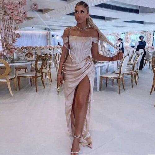 Berylove Champagne Mermaid Evening Dresses Long Pleated Party Gown Long Side Split Formal Sexy Vestido off shoulder Prom dress