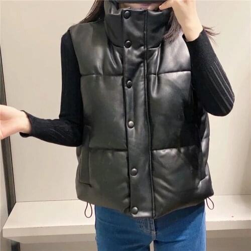 FNOCE 2021 new spring vests for women fashion trends streetwear Fake leather solid stand collar zipperr slim womens vest warm