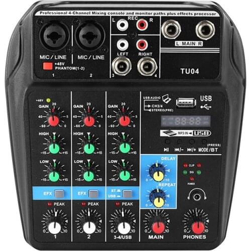 4-Channel Mini Mixing Sound Card Console Digital Audio Mixer Phantom Power 5V USB Powered for Home Studio Recording DJ