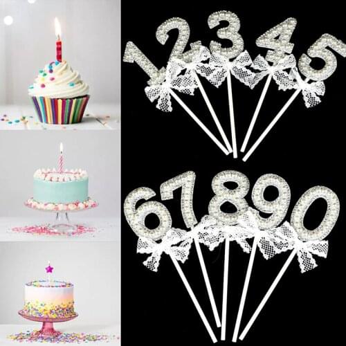 1Pc Glitter Alloy Rhinestone Number Cake Toppers Baby Shower Birthday Decoration Wedding Gold Silver Digital Cakes Dessert Decor