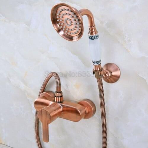 Antique Red Copper Wall Mounted Bathroom Bathtub Faucet Mixer Tap w/Hand Shower tna292