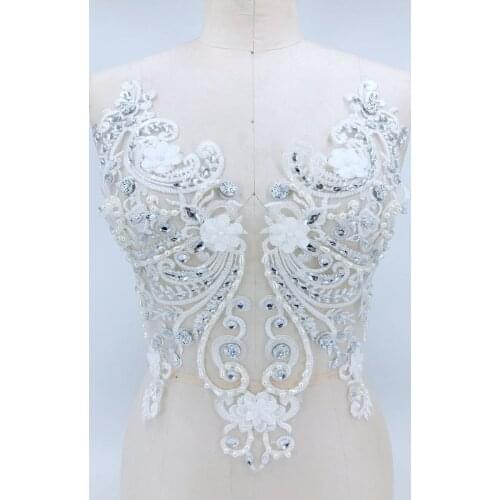 Handmade white Hot drilling Rhinestone lace embroidery patch applique wedding dress bordados DIY collar Performance clothing