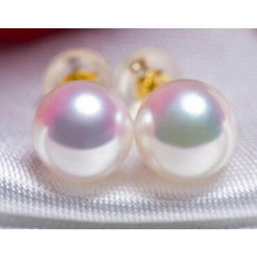 Free Shipping AAA natural 8mm Akoya white pearl pearl earrings 18 gold