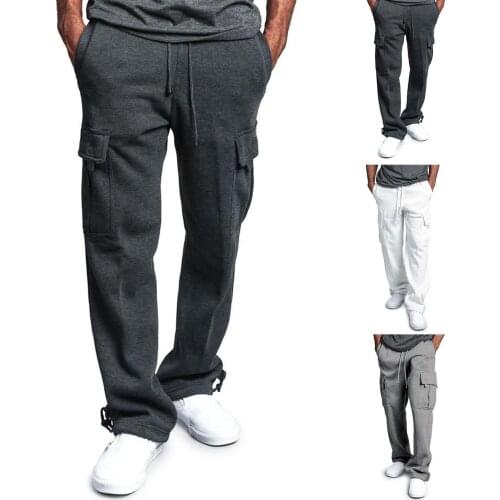 Men Solid Color Multi Pockets Trousers Drawstring Loose Sports Straight Pants Male Biking Mountain Climbing Casual Streetwear