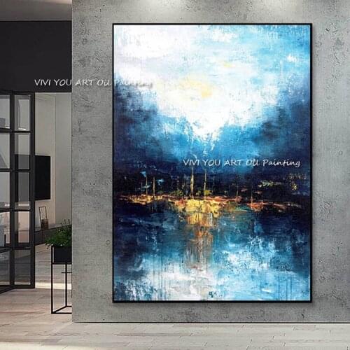 The River View Landscape Blue Hand Painted Oil Painting on Canvas Abstract Painting Wall Picture for Home Decor Pure Nature Art