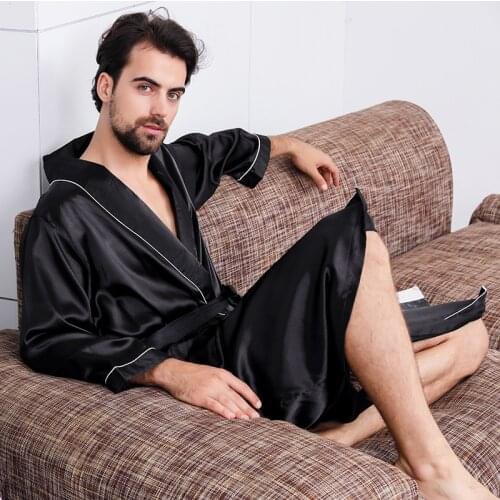 Men Luxury Silk Kimono Long Sleeve Plus 5XL Sleepwear Robe Oversized Satin Bathrobe Home Clothes