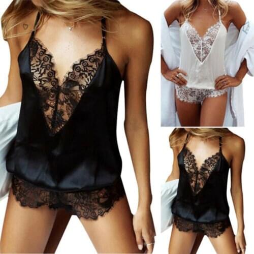 KLV Women Sexy Nightwear Sleepwear Lingerie Female Lace Pajamas Erotic Underwear V-neck Bodysuit Night Wear Plus Size