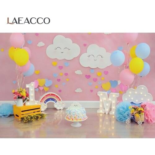 Laeacco Pink 1st Birthday Party Sweet Love Stage Decor Balloons Cake Child Baby Photozone Photo Background Photo Backdrops