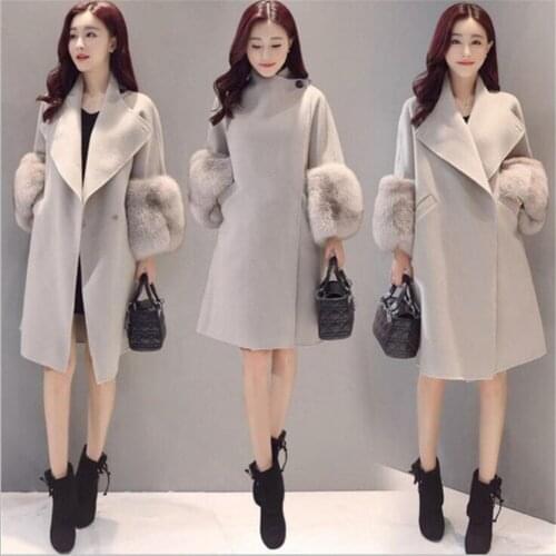 2019 Autumn Winter Woolen Coat Jackets Warm Wool Blend Faux Fur Sleeve Long Turn-down Collar Loose Coats Large Size Outerwear