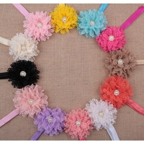 10 CM Handmade Lace Flower Elastic Headband Boutique Pearl Rhinestone Floral Infant Hairband Baby Accessories Party Decoration