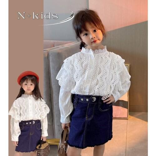 Girls' Princess Shirt 2021 Autumn New Retro Lace Lace Sleeve round Neck Long Sleeve Top Korean Style Bottoming Shirt
