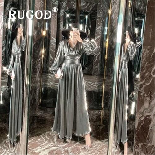 RUGOD Office ladies party long dress Sexy V neck lantern sleeve A line maxi women dresses vestidos 2019 Elegant auturm dresses