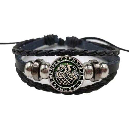 Slenenir In Rune Circle Eight-Legged Horse Leather Bracelet Known As Odin, Glass Cabochon Bracelets For Men And Women