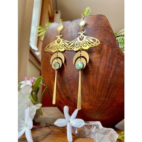 Celestial Abalone Moth Earrings, Hypoallergenic, Fairy Jewelry Boho hippie Earrings